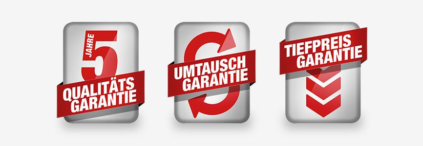Drei Siegel mit Qualitätsgarantie, Umtauschgarantie und Tiefpreisgarantie